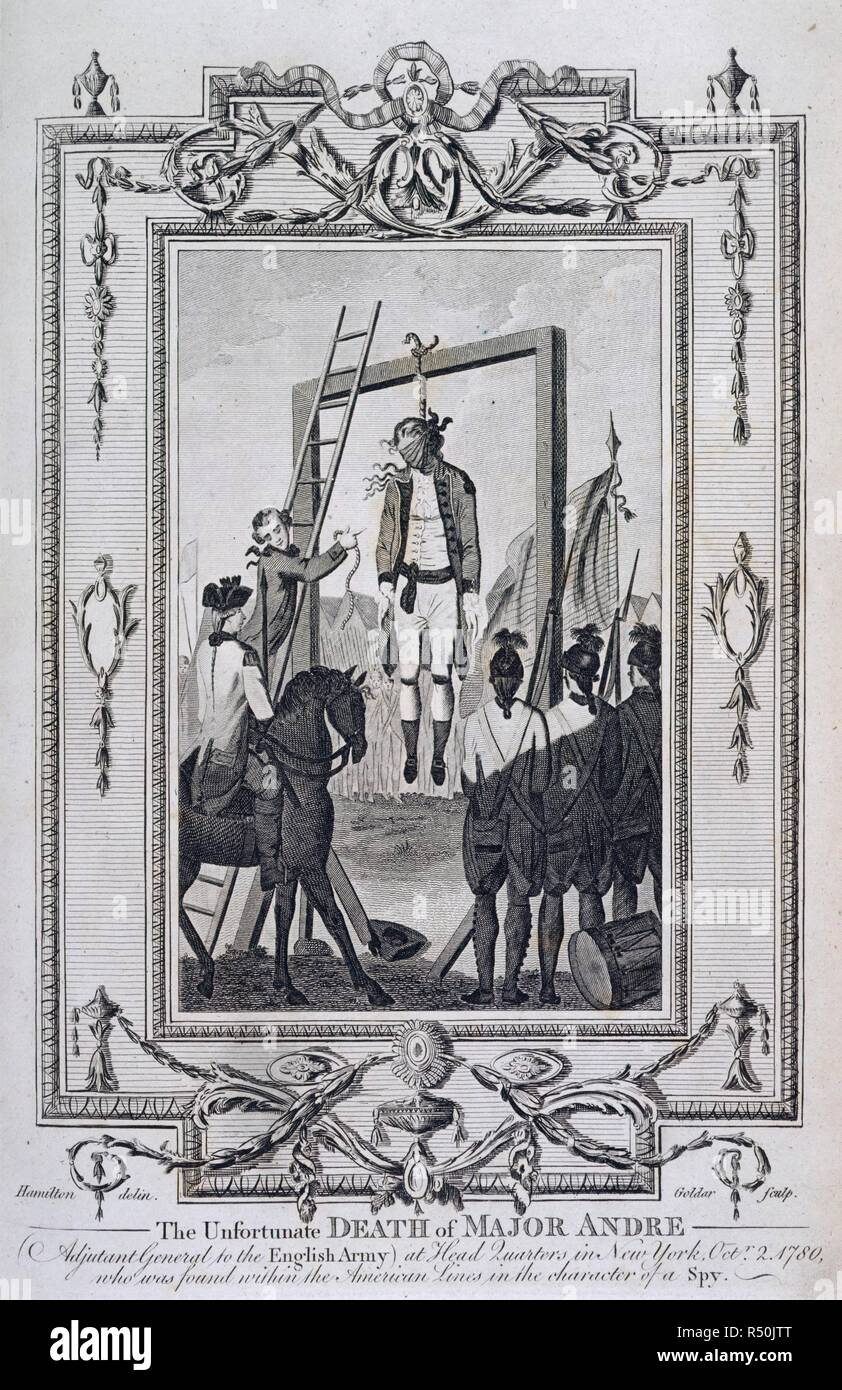 Execution of Major AndrÃ©. The New impartial and complete history of England. Alex. Hogg: London, 1790. The unfortunate death of Major AndrÃ©. English soldier hanged as a spy, 1780, during the American War of Independance.  Image taken from The New impartial and complete history of England  Originally published/produced in Alex. Hogg: London, 1790. . Source: 9502.i.6, after 694. Author: Hamilton. BARNARD, EDWARD. Goldar. Stock Photo