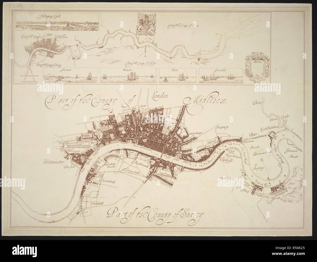 This map includes a small panorama of London and a plan of the Thames with scenic depictions of towns along the river, such as Greenwich. The main map is a plan of London showing East India House. Two maps of London and Thames Estuary. [Place of publication not identified] : [publisher not identified], [about 1850]. Lithograph. Source: Maps Crace Port.1.44. Language: English. Stock Photo