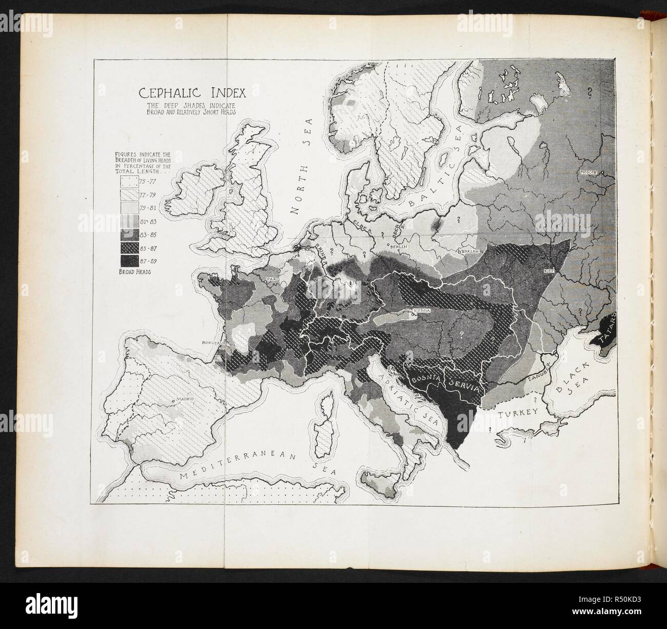 Cephalic Index of Europe. The Races of Europe: a sociological study. Lowell Institute Lectures ... Accompanied by a supplementary bibliography of the anthropology and ethnology of Europe, published by the Public Library of the City of Boston. New York : D. Appleton & Co., 1899. Source: W49/4706 facing p.53. Author: ANON. Ripley, William Z. Stock Photo