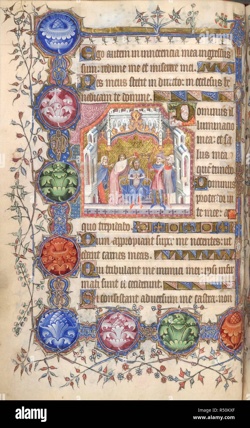 Coronation of David. St Omer Psalter. England [Mulbarton, co. Norfolk?]; circa 1325-1330. [Whole folio] End of Psalm 25, Psalm 26. Saul annointing David, and coronation of David as King of Israel. Borders with eight medallions filled with large monochromatic blossoms, linked together by interlace knots, with foliate sprays extending in the margins  Image taken from St Omer Psalter.  Originally published/produced in England [Mulbarton, co. Norfolk?]; circa 1325-1330, and early 15th century. . Source: Yates Thompson 14, f.29v. Language: Latin. Stock Photo