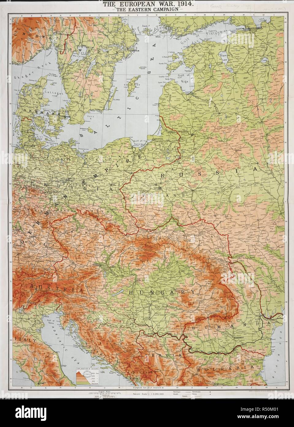A map of the First World War, showing: Part of Norway and Sweden; Hungary; Austria; Germany; Denmark and Russia. The European War, 1914. â€œThe Eastern Campaign.â€ Natural scale, 1 : 2,280,000. (W. & A.K. Johnston's War Map. Petrograd to Berlin, orographically coloured). Edinburgh : W. & A.K. Johnston, [1915]. Source: Maps.1035.(121). Stock Photo