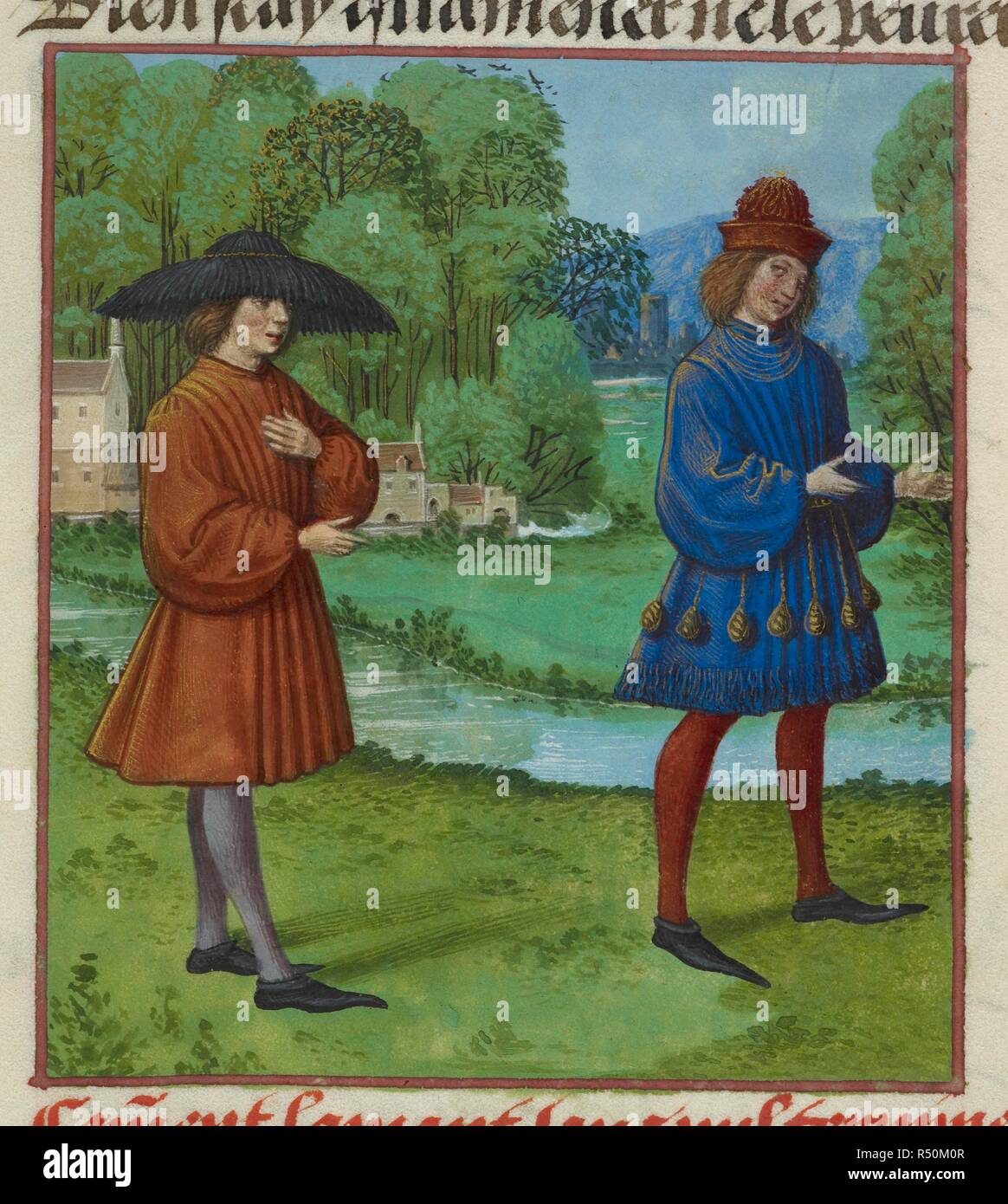 Detail of a miniature of the Lover and l'Ami (the Friend). Roman de la Rose. Netherlands, S. (Bruges). c. 1490-c. 1500. Source: Harley 4425 f.90. Language: French. Author: MEUN, JEAN DE. Stock Photo