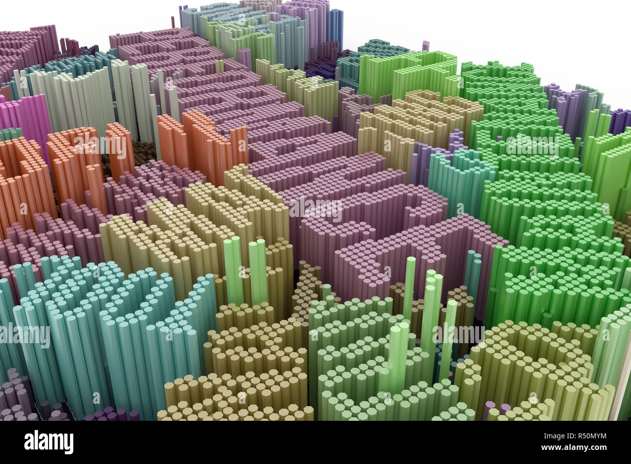 Keyword of Performance. Colorful 3D rendering. Shape composition, block ...