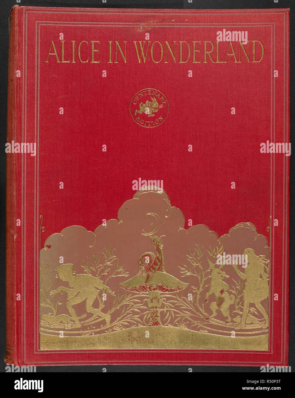 Red front cover with various characters embossed in gold. Alice's adventures in wonderland / by Lewis Carroll ; illustrated by Gwynedd M. Hudson. [London?] : Hodder and Stoughton, [1922?]. Source: YA.1997.b.4119 Front Cover. Stock Photo