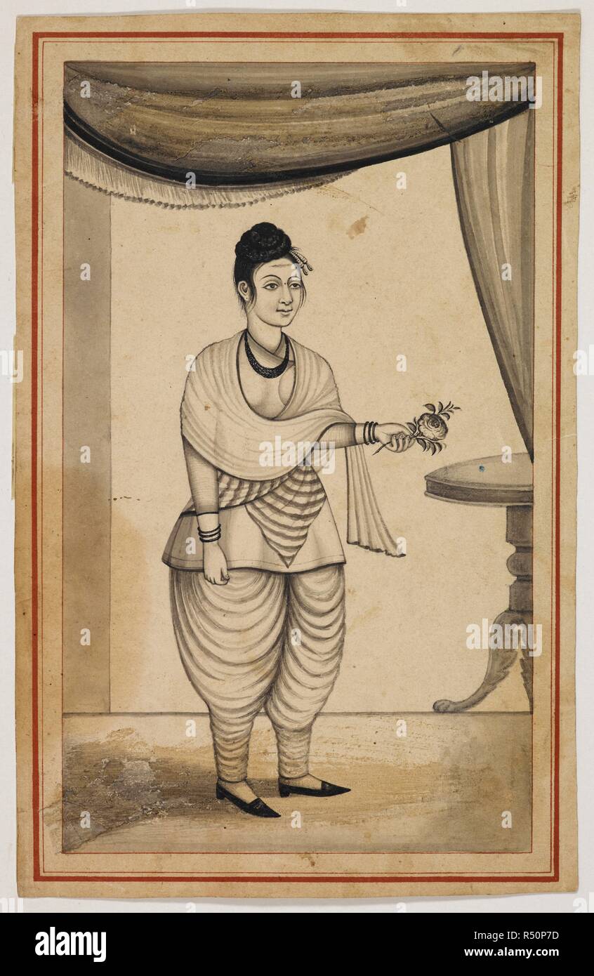A portrait of a Nepali lady standing beside a table with a rose in her hand. Archer Collection. 1880 - 1900. wash. Source: Add.Or.2396. Author: ANON. Stock Photo