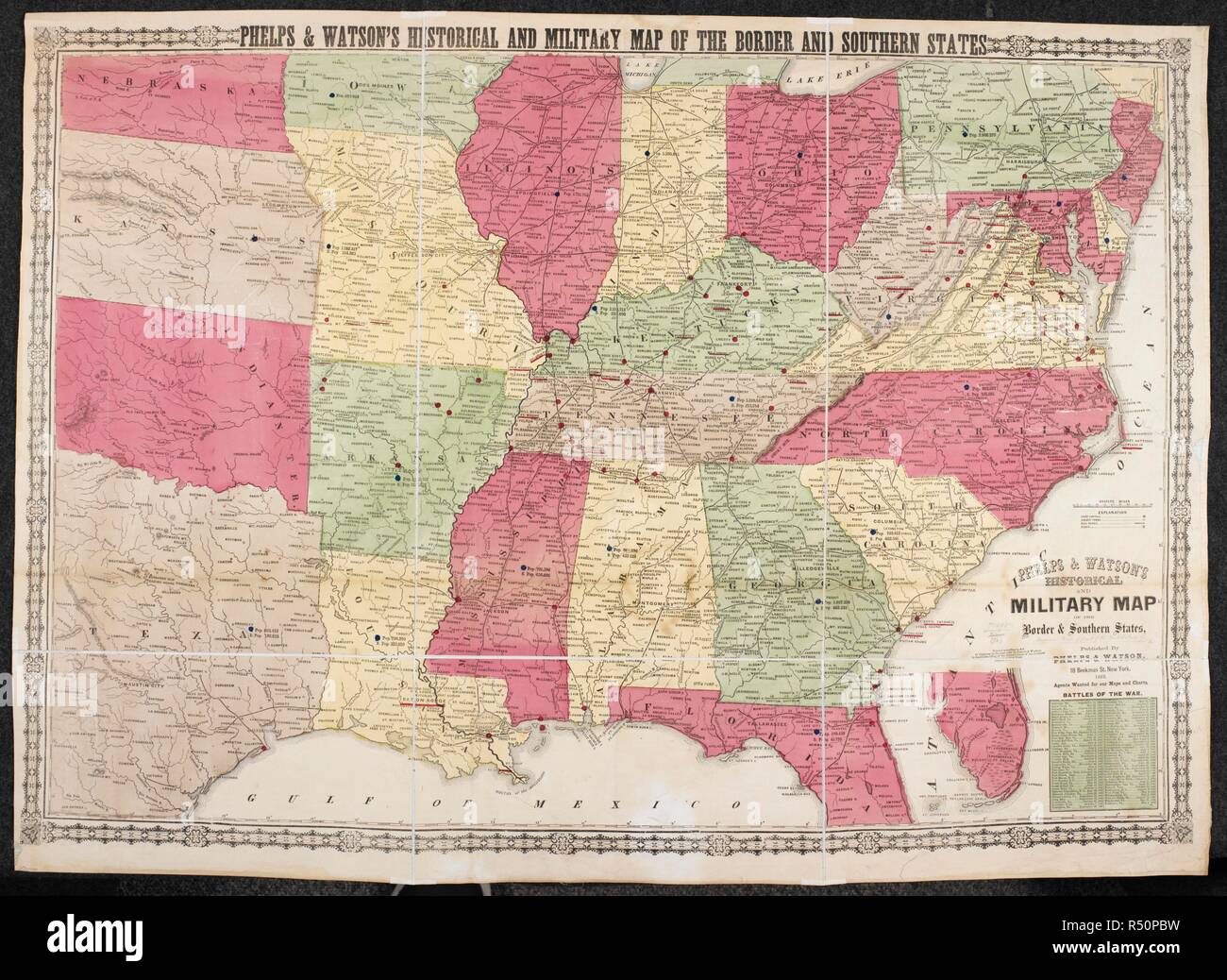 A historical and military map of the Border and Southern States of North America. Phelps & Watson's Historical and Military Map of the Border and Southern States. New York, 1863. Source: Maps 71495.(76.). Language: English. Stock Photo