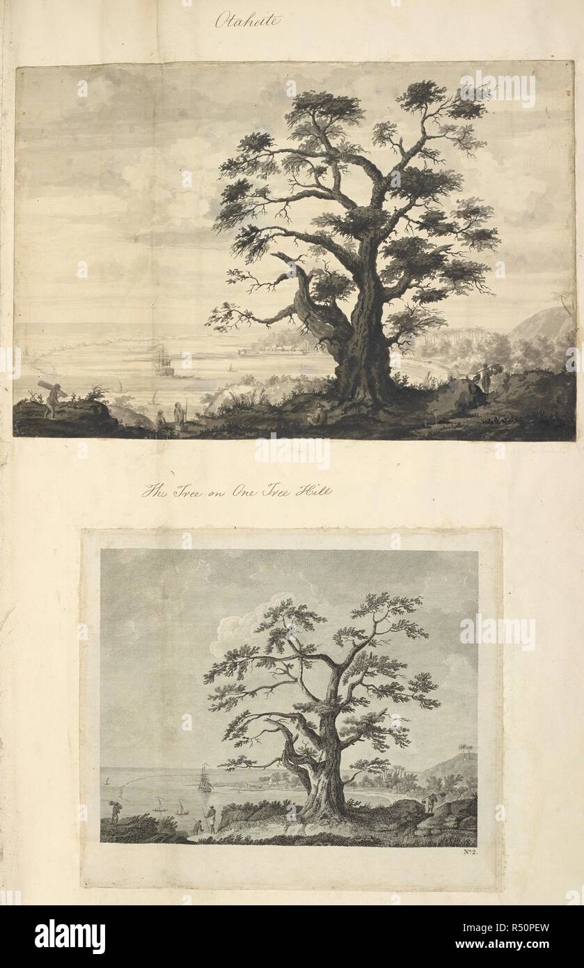 Otahiete.  The tree on one tree hill. Also described in other versions as : View of Matavia [i.e. Matavai] Bay in Otaheite, taken from One Tree Hill, which tree is a species of the Erythrina. The drawings show large central tree on a hill, with The Endeavour anchored in a bay to the left, several figures, houses at the shore in the centre distance, hills and trees to the right. . A collection of drawings by A. Buchan, S. Parkinson, and J. F. Miller, made in the Countries visited by Captain James Cook in his First Voyage [1768-1771], also of prints published in John Hawksworth's Voyages of Biro Stock Photo