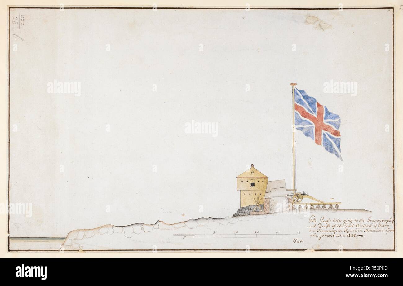 A detail and section of the east wall of Fort William and Mary, with the Piscataqua River on the left, a two-storey roofed guardhouse attached to the wall, a cannon propped up on a wooden platform beside and a large British flag flying above. The Profil belonging to the Iconographycal Draft of the Fort William & Mary on Piscataqua River in America. 1705. Source: Maps K.Top.120.28.b. Language: English. Stock Photo
