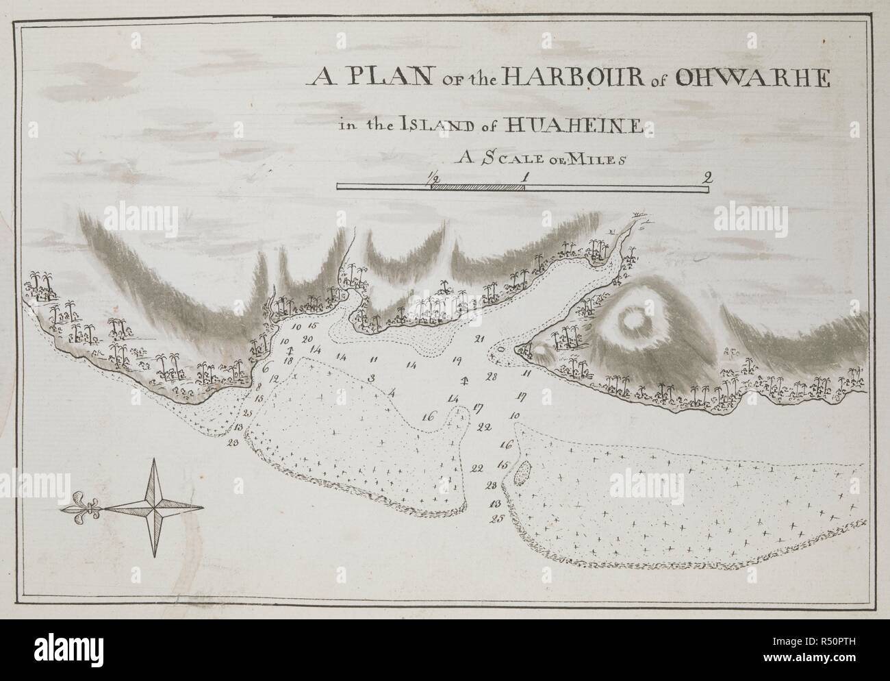 Plan of the Harbour of Ohwarhe, in the Island of Hooaheine; drawn by Lieut. James Cook, in his first voyage, on a scale of 2 inches to a mile. Charts, Plans, Views, and Drawings taken on board the Endeavour during Captain Cook's First Voyage, 1768-1771. July, 1769. Source: Add. 7085, No.14. Stock Photo