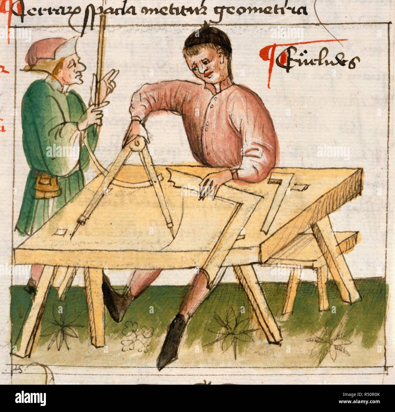 Questio de septem artibus mechanicis. A carpenter at work measuring and drawing. . Questio de septem artibus mechanicis ; scil., lanificio, venatura, militia sive armatura, nautatione sive navigatione, agricultura, medicina, et arte fabrili. xvth cent. Small Folio cannot find. Source: Add. 15692 f.29v. Stock Photo