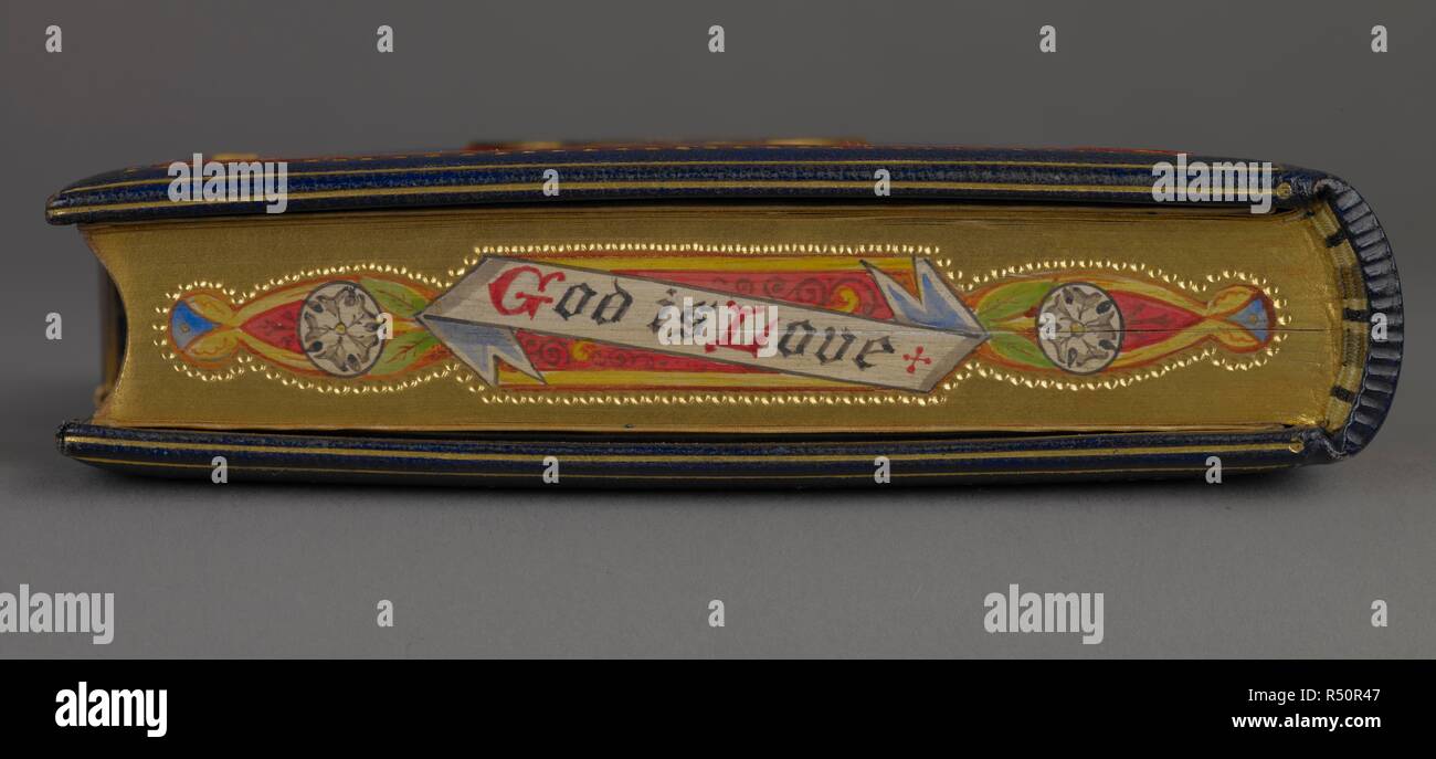Top edge of the pages, painted with the arms of the United Kingdom and Russia, and a scroll lettered 'God is Love.'. Daily Light on the Daily Path ... The morning hour. London, [1862?]. Source: C.108.cc.5 top edge. Stock Photo
