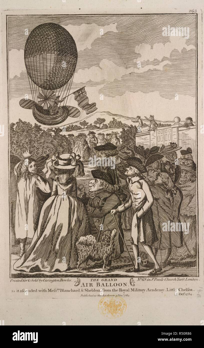 The grand air balloon. Jean-Pierre Blanchard and John Sheldon ascending in a balloon on the 16 October, 1784. A collection of broadsides, cuttings from newspape. 1780?-1810?. The grand air balloon as it ascended with Messrs. Blanchard & John Sheldon, from the Royal Military Academy, Little Chelsea, 16 Oct. 1784. Jean Pierre FranÃ§ois Blanchard (1753-1809), a French balloonist, inventor of the parachute, was killed at La Haye using one. He was the first man, with John Jeffries, an American, to cross the English Channel by balloon, from Dover to Calais in 1785. Image taken from A collection of b Stock Photo