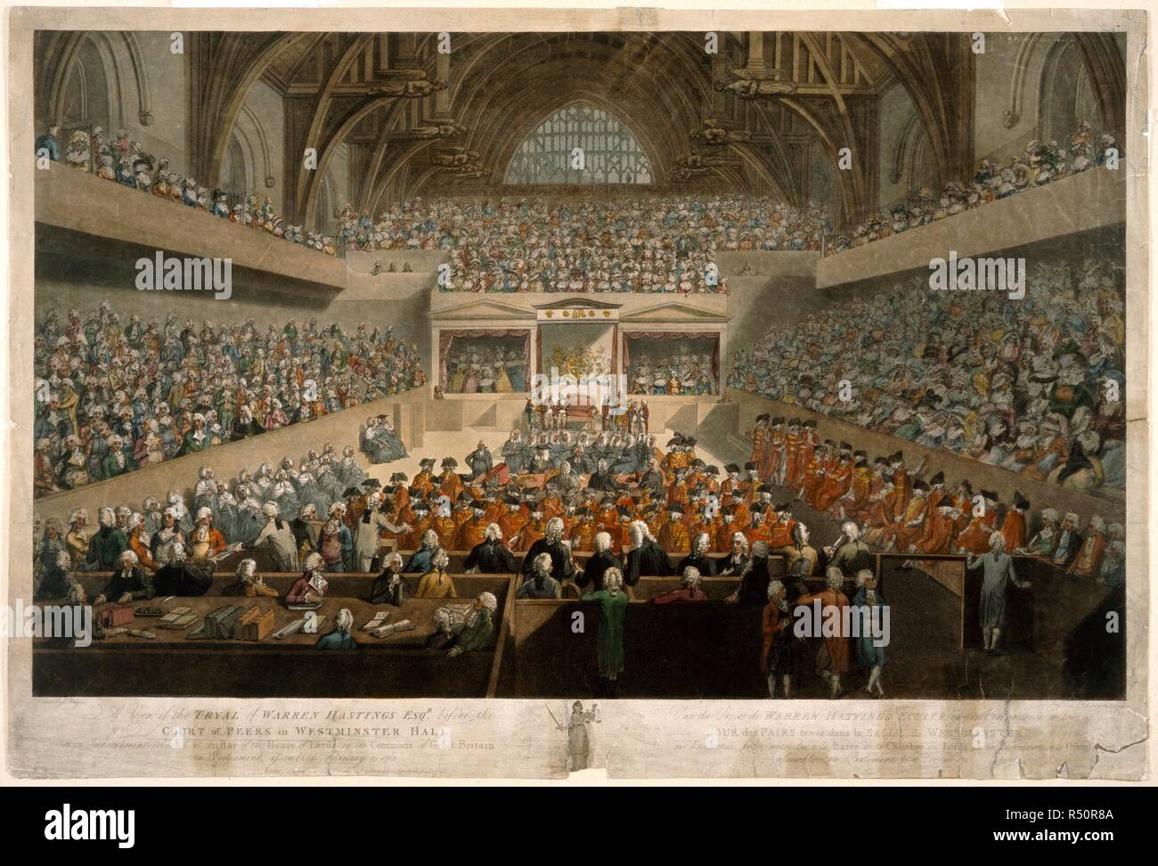 Trial of Warren Hastings. London, 1789. A view of the trial of Warren Hastings before the Court of Peers in Westminster Hall, February 13th 1788. Aquatint, coloured.  Originally published/produced in London, 1789. . Source: P2376,. Author: Polland, J. R. Stock Photo