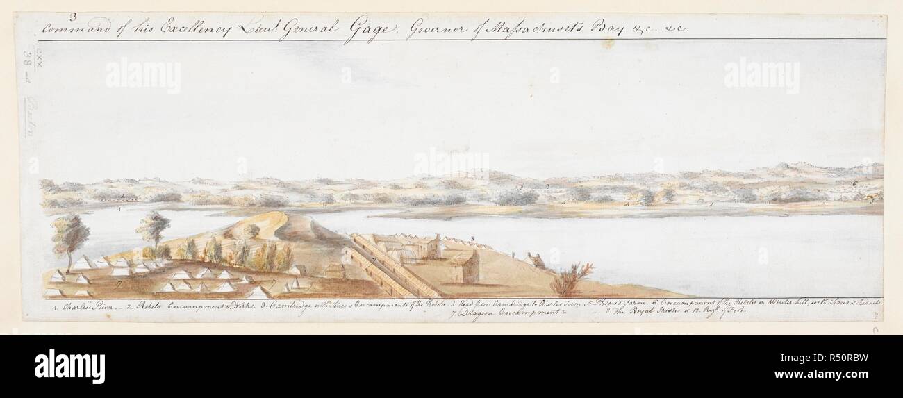 A view from Boston looking west, with the camps of the Dragoons and the Royal Irish in the foreground, and enemy lines, the town of Cambridge, David Phipps's farm by the road to Charlestown, enemy camp and redoubts on Winter Hill seen across Charles River in the background. View of the country round Boston taken from Beacon hill. 1775. Source: Maps K.Top.120.38.d. Language: English. Stock Photo
