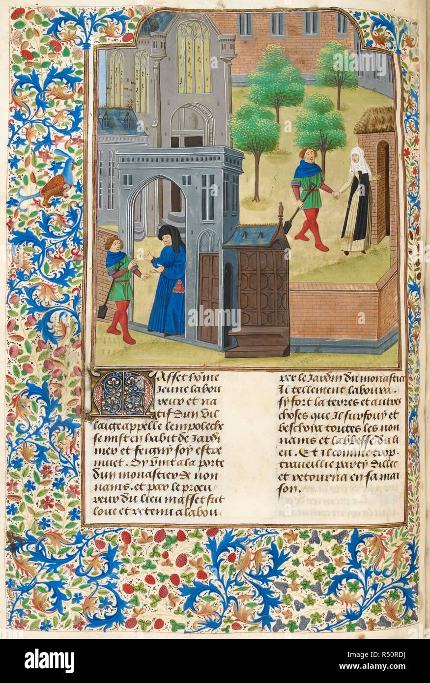 The gardener being welcomed at a door, by the owner. The gardener inside the garden holding the hand of a woman, and being led into an outbuilding. The Decameron of Boccaccio. Late 15th century. Source: Add.35322 f.121v. Language: French. Author: BOCCACCIO, GIOVANNI. Master of the Harley Froissart. Premierfait, Laurent. Stock Photo