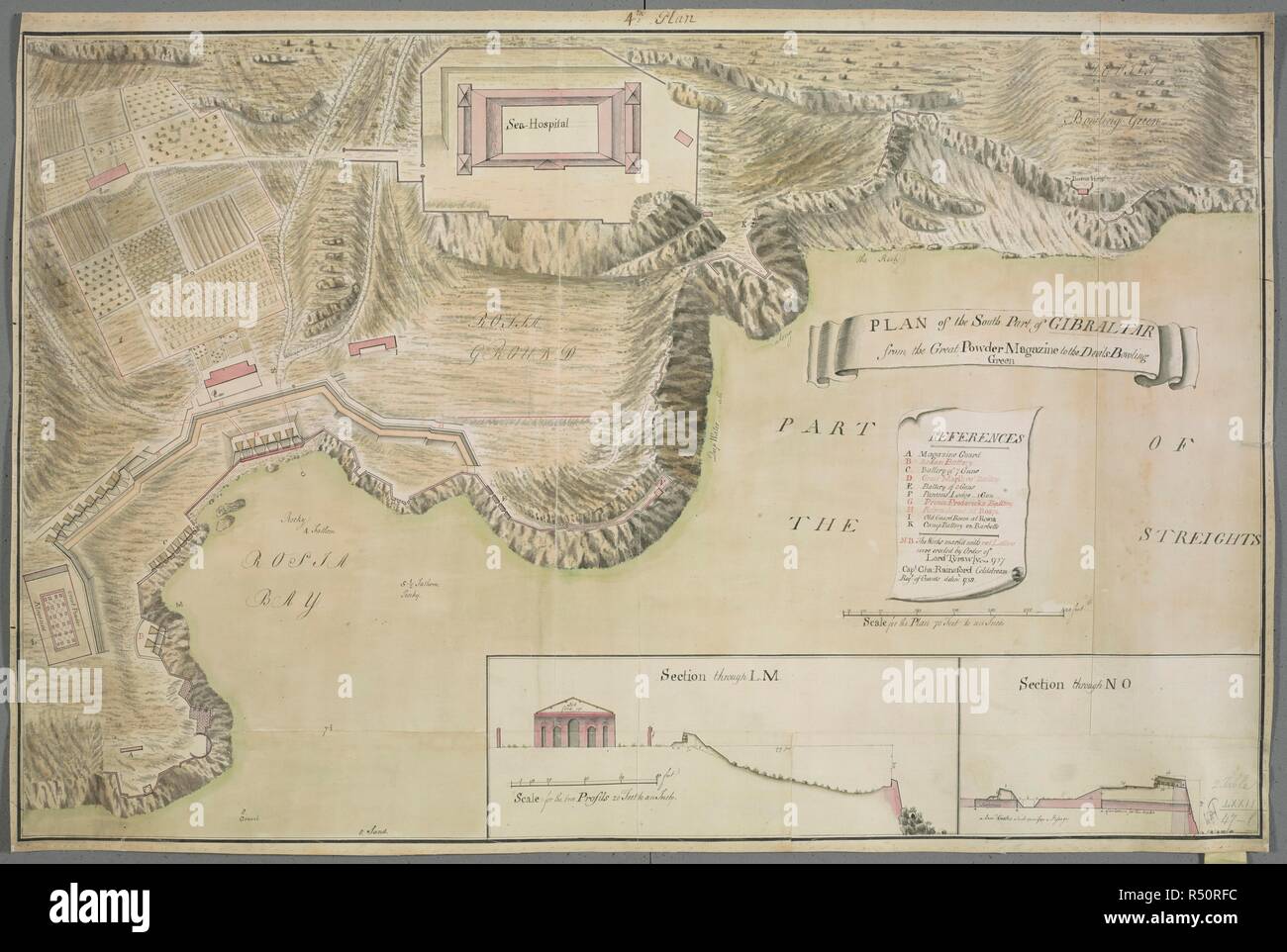 A plan of the South Part of Gibraltar. PLAN of the South Part of GIBRALTAR from the Great Powder Magazine to the Devils Bowling Green. [Gibraltar] : Capt: Cha: Rainsford Coldstream Regt: of Guards delint: 1758., [1758.]. Source: Maps K.Top.72.47.l.2.TAB. Language: English. Stock Photo
