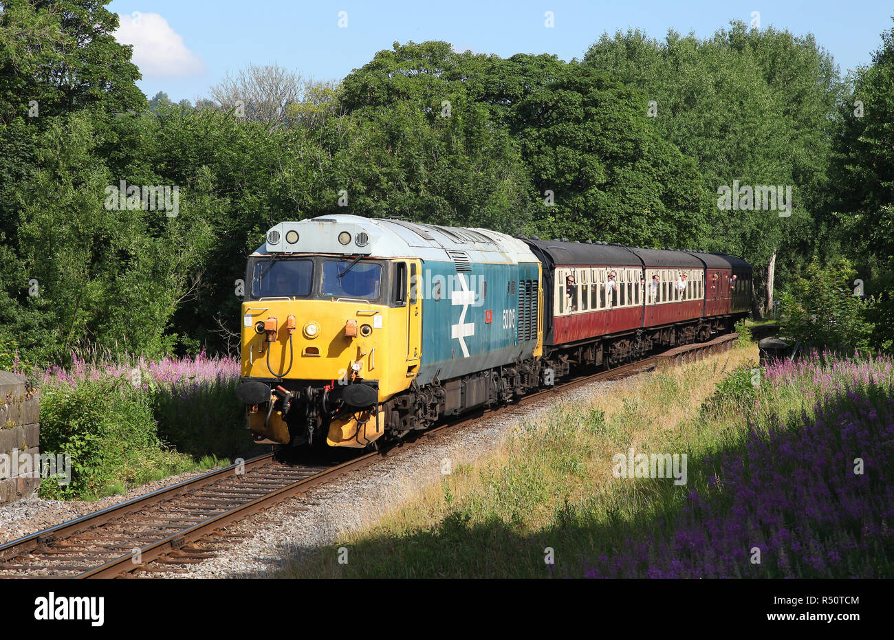 50015 heads away from Ramsbottom on 7.7.18 on the ELR. Stock Photo