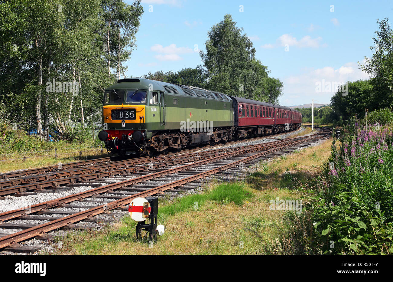 D1501 approaches Ramsbottom on the East Lancs Railway on 7.7.18. Class 47. Stock Photo