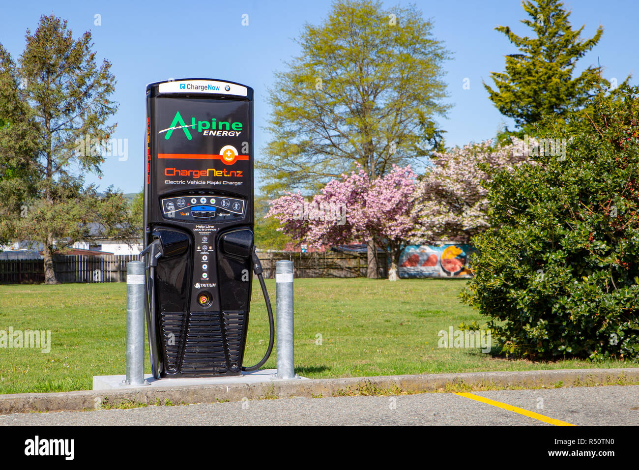 Lake Tekapo, Canterbury, New Zealand - October 21 2018: Rapid car charger station for electric cars Stock Photo