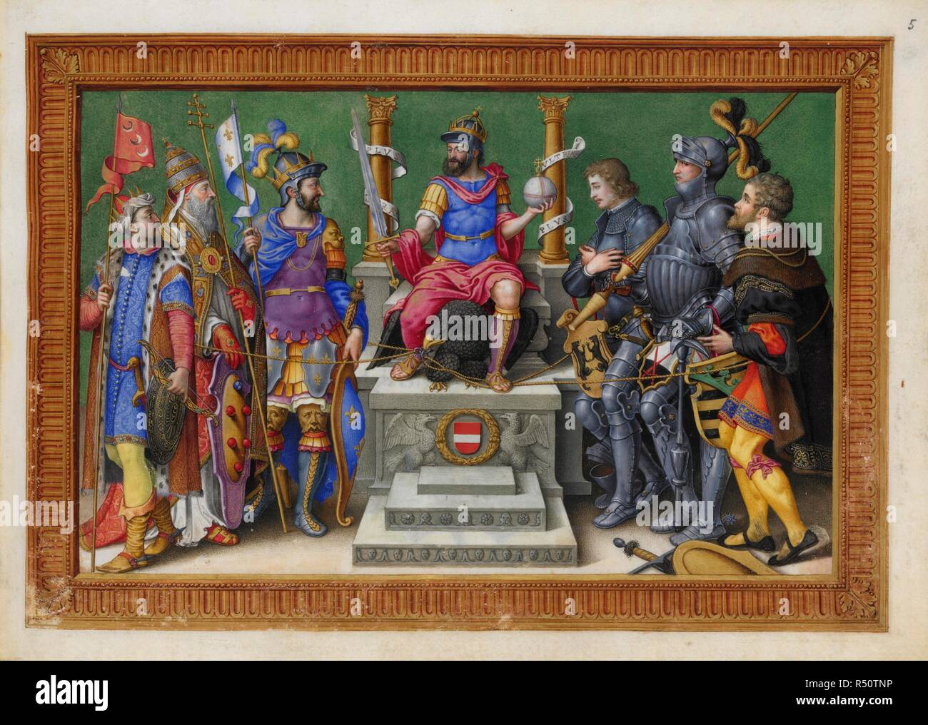 A victory scene of Emperor Charles V of Spain. People gathered around the triumphant king on a throne. . A SERIES of twelve miniatures illustrating the victories of the Emperor Charles V. with descriptive quatrains in Spanish. Antwerp. A SERIES of twelve miniatures illustrating the victories of the Emperor Charles V. with descriptive quatrains in Spanish. Each miniature, including a border 3/4 inch wide, measures 10 1/4 inches in length by 7 inches in height, and is painted on the recto of a leaf of vellum, 11 1/2 x 8 inches. Source: Add. 33733 f.5. Language: Spanish. Stock Photo