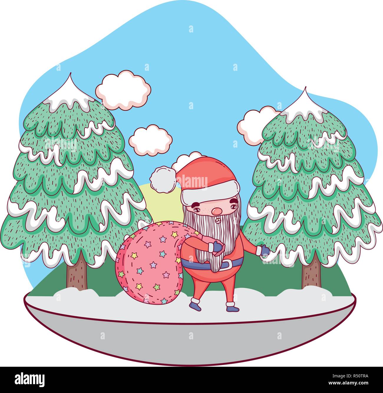 cute christmas santa claus with bag in the landscape vector ...