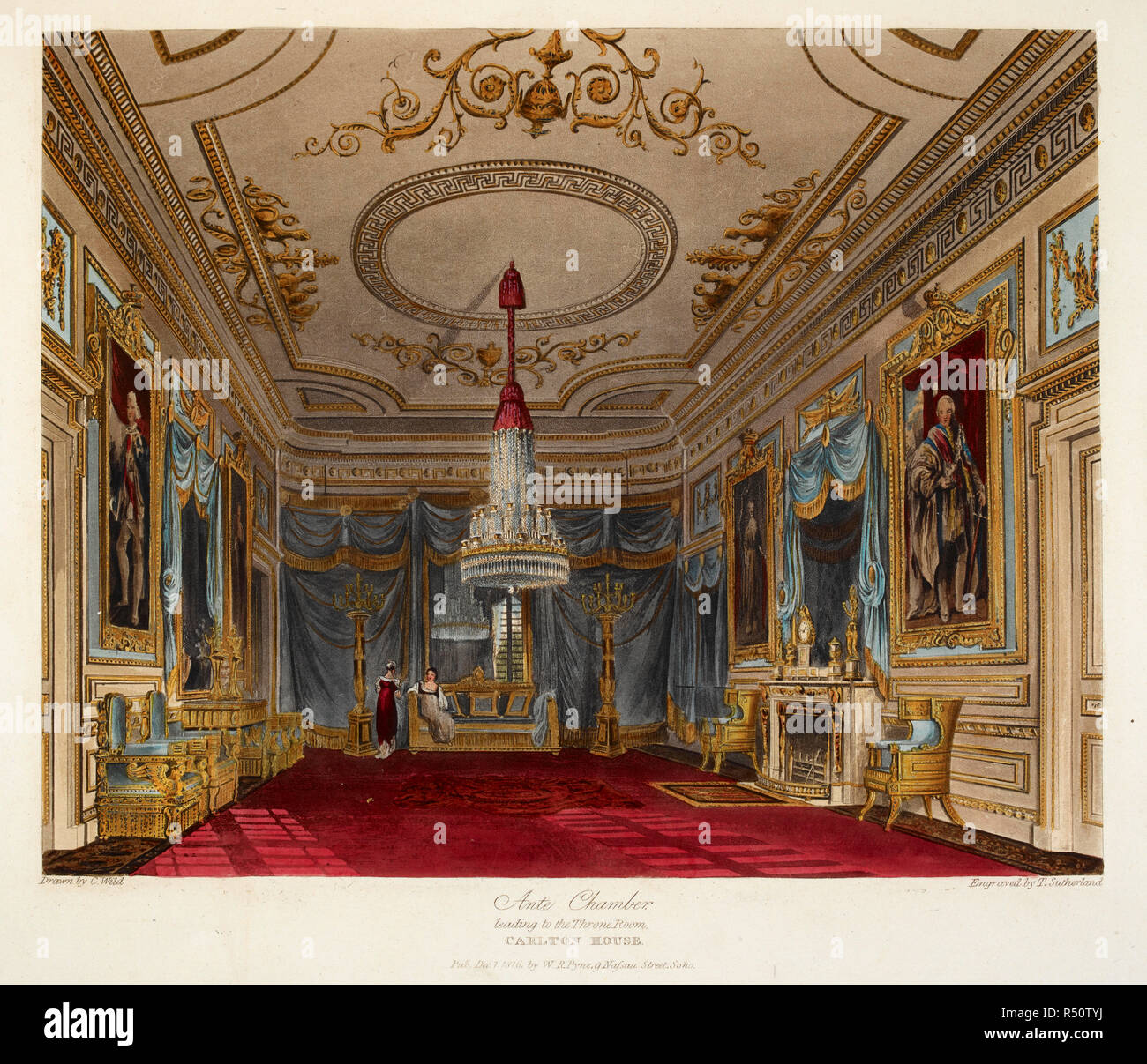 Ante chamber leading to the throne room at Carlton house, Colour illustration / plate. Author William Henry Pyne,. Museum: BRITISH LIBRARY. Stock Photo