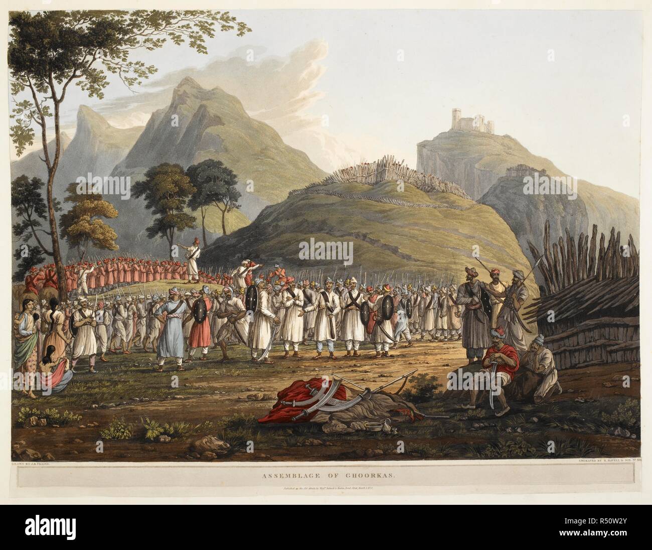 'Assemblage of Ghoorkas'. Coloured aquatint by Robert Havell and son, after J. B. Fraser. Views in the Himala Mountains. Published Rodwell & Martin, London, 1820. Source: X502(13), plate 13. Stock Photo