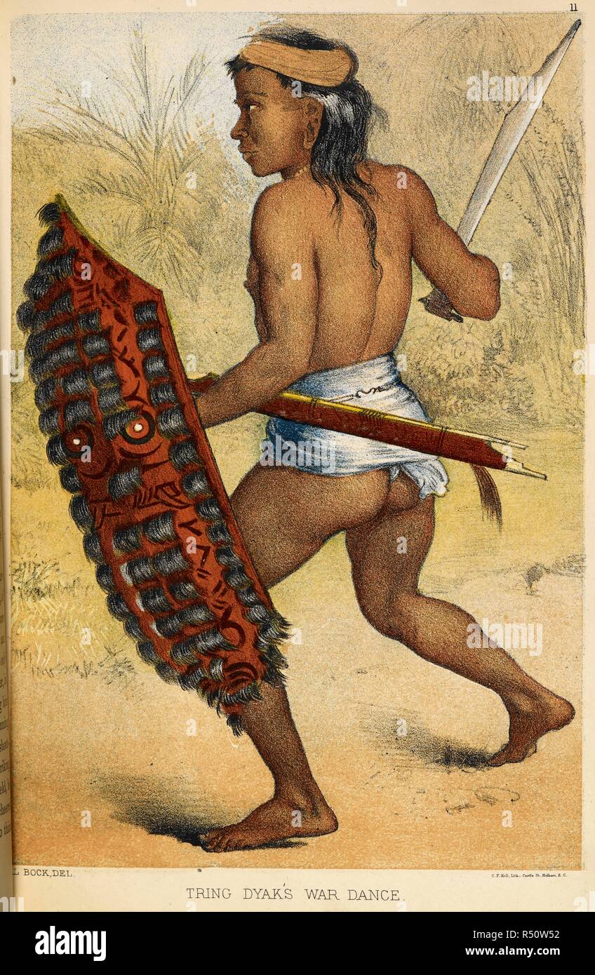 Tring Dyak's war dance. He wears a waist-cloth, holds a shield and sword. . The head-hunters of Borneo : a narrative of travel up the Mahakkam and down the Barito : also journeyings in Sumatra. London : Sampson Low, Marston, Searle & Rivington, 1881. Colour illustration. Dyak tribe. Source: V10009, plate 11, opposite page 132. Language: English. Author: Bock, Carl. Stock Photo
