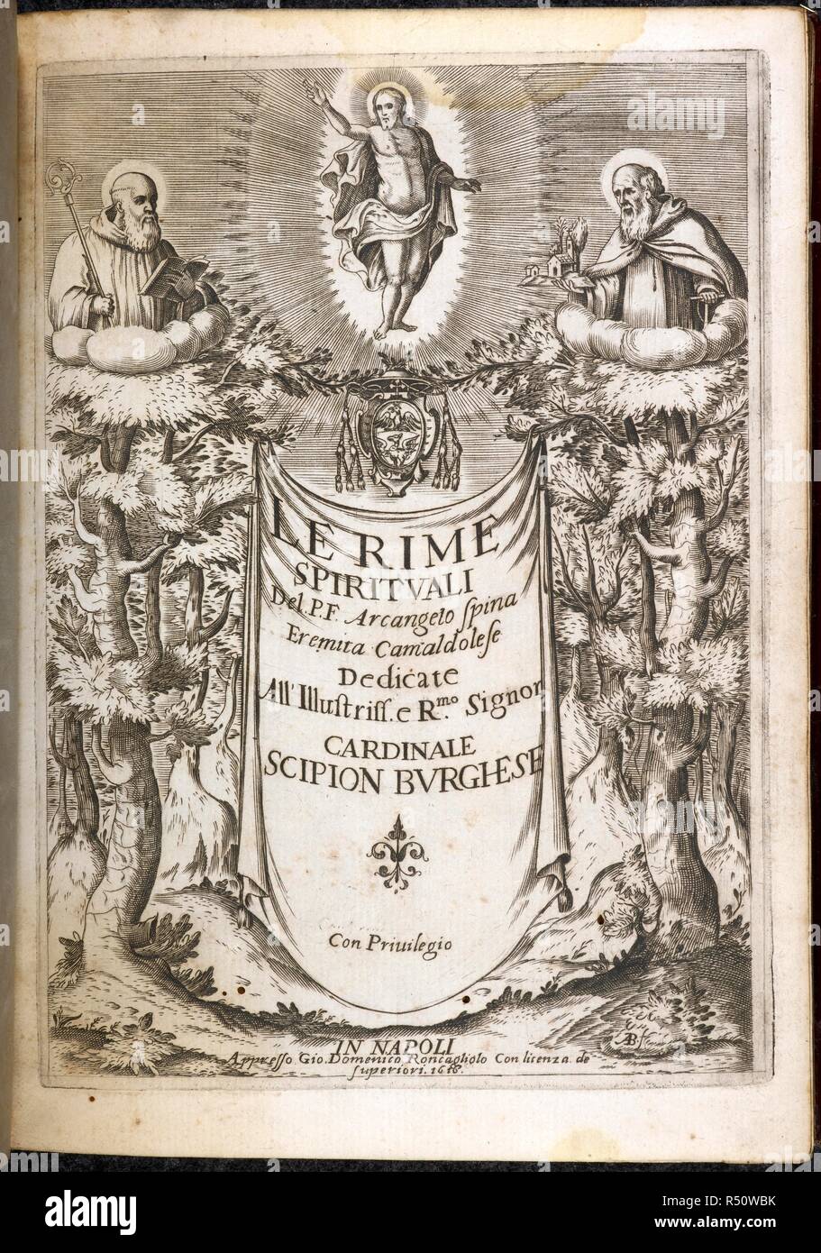 Title page of Le Rime Spirituali . Le Rime Spirituali del P. F. A. Spina, etc. Naples, 1616. Source: C.46.e.14 title page. Language: Italian. Stock Photo
