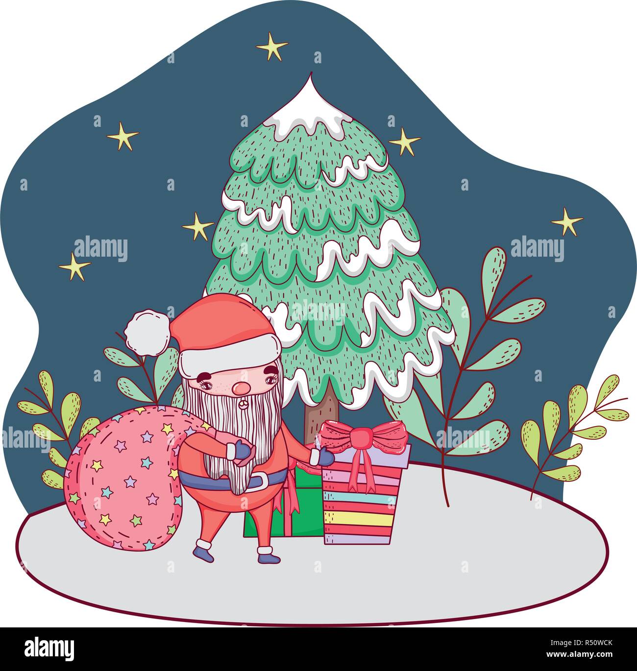 cute christmas santa claus with bag in the landscape vector ...