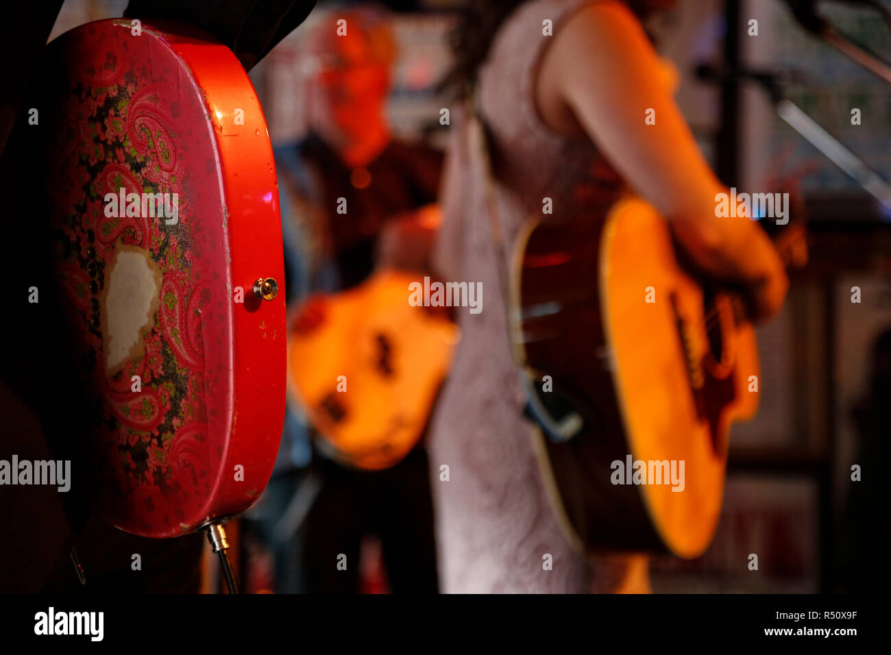 Mid section shot of band playing music in bar, Nashville, Tennessee, USA Stock Photo