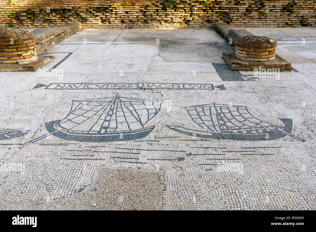 Ostia antica in Rome, Italy. Mosaic on the Shop Floor in Piazzale delle Corporazioni Stock Photo