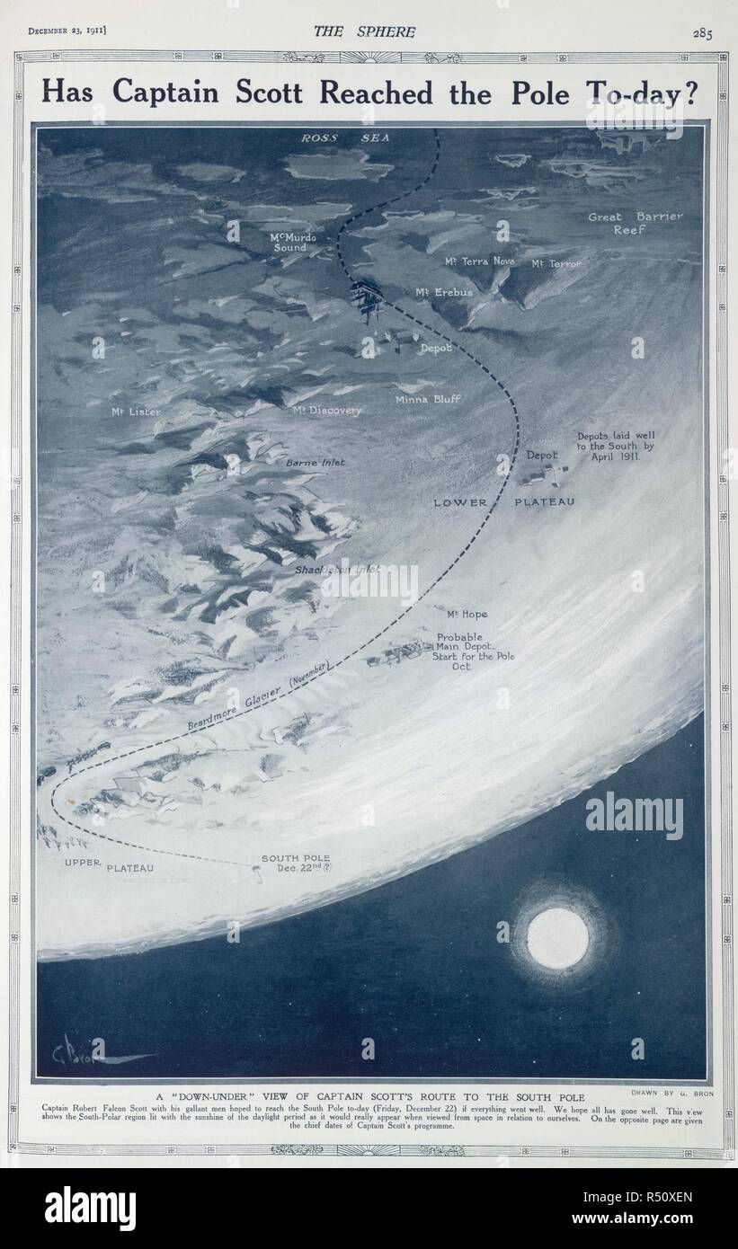 Has Captain Scott reached the Pole To-day ?'. A "down-under" view of  Captain Scott's route to the South Pole'. . The Sphere. London, December  23, 1911. The expedition led by Robert Falcon