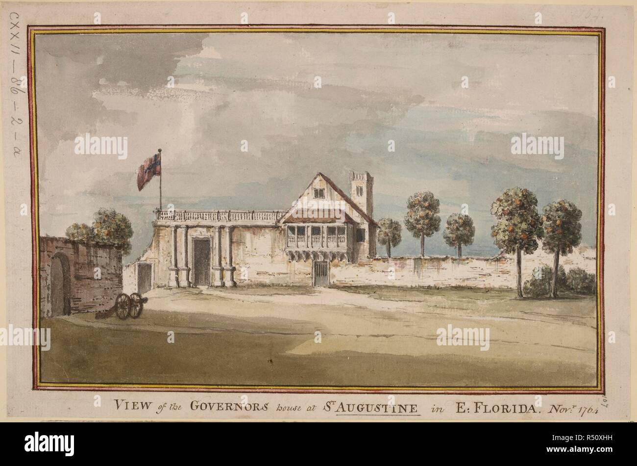 Picture of the governor's house, East Florida. view of the Governorâ€™s house at St. Augustine, in East Florida. A colored 'view of the Governorâ€™s house at St. Augustine, in East Florida, Nov. 1764'. Source: Maps K.Top.122.86.2-a. Stock Photo
