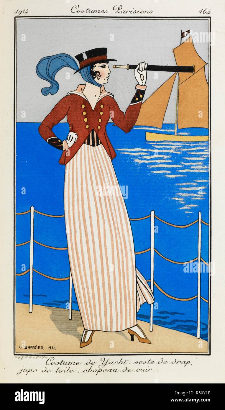 Costume de Yacht: veste de drap, jupe de toile, chapeau de cuir. A woman  wearing a yacht costume: a red cloth jacket, stripey linen skirt, a leather  hat and a blue scarf.