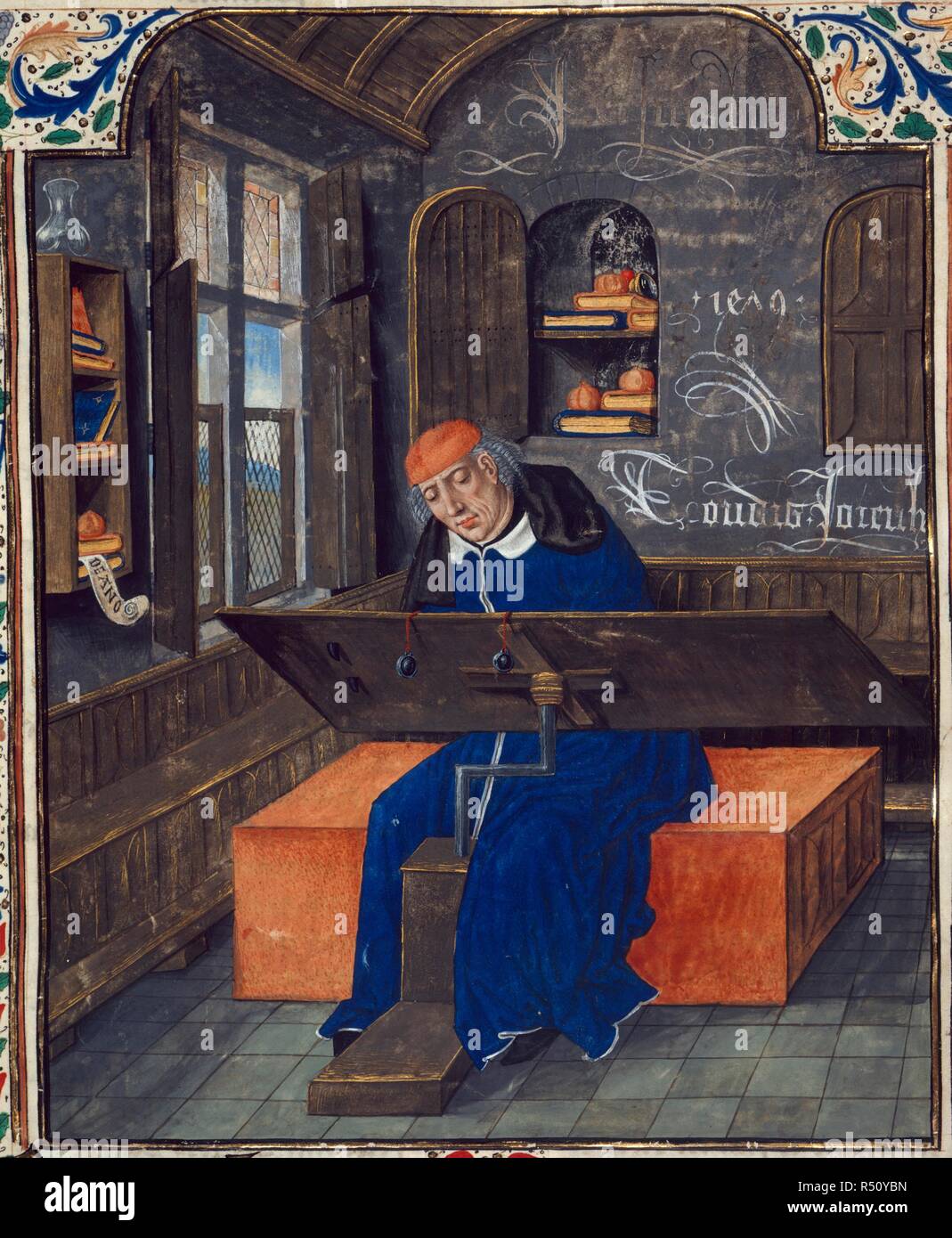 [Miniature only] The translator at work in his study, with an open cupboard full of books behind him. Le Livre de Valerius Maximus. S. Netherlands [Bruges]; 1479. Source: Royal 18 E. III, f.24. Language: French. Stock Photo