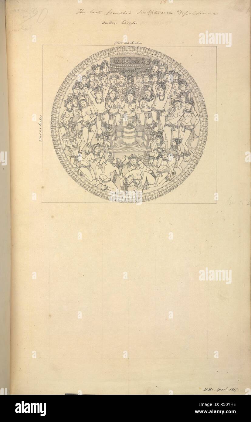 Medallion. [85 sheets of drawings of the site and sculptures. 1816 - 1819. Medallion showing devotees around a stupa. Inscribed: 2ft.11.5in. by 3ft.3.3in. 'The best finished sculpture in Depaldinna. Outer gate. H.H. April 1817.'  Image taken from [85 sheets of drawings of the site and sculptures at Amaravati and two notes, 1816-20]. Pen-and-ink, wash, and water colour; size of volume 18.5 by 11 .5 ins.  Originally published/produced in 1816 - 1819. . Source: WD 1061, f.63. Stock Photo