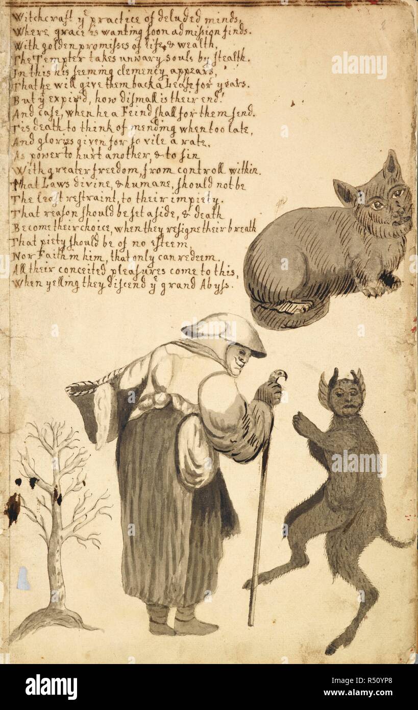 A witch and her familiars. A cat and demon. A discourse of Witcheraft as it was Acted in the Family of Mr. Edward Fairfax of Fuystone, comu Ebor. 1621. XVIIth cent. Source: Add. 32496 f.2. Language: English. Stock Photo