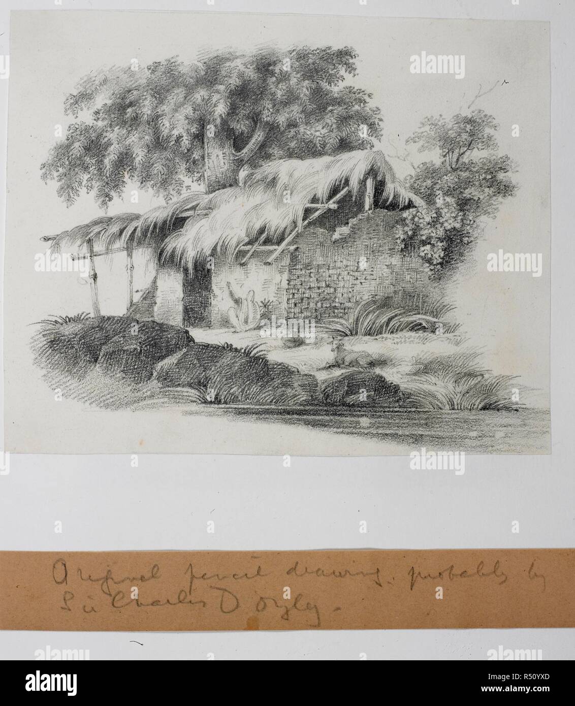 Woman spinning outside her house. Album of 57 views and animal studies in pen and ink and pencil with a number of prints. Ruined thatched hut. Pen and ink; 15.5 by 11.2 cm. Source: WD 4044 f.32. Language: English. Author: d'Orbigny, Charles. Stock Photo
