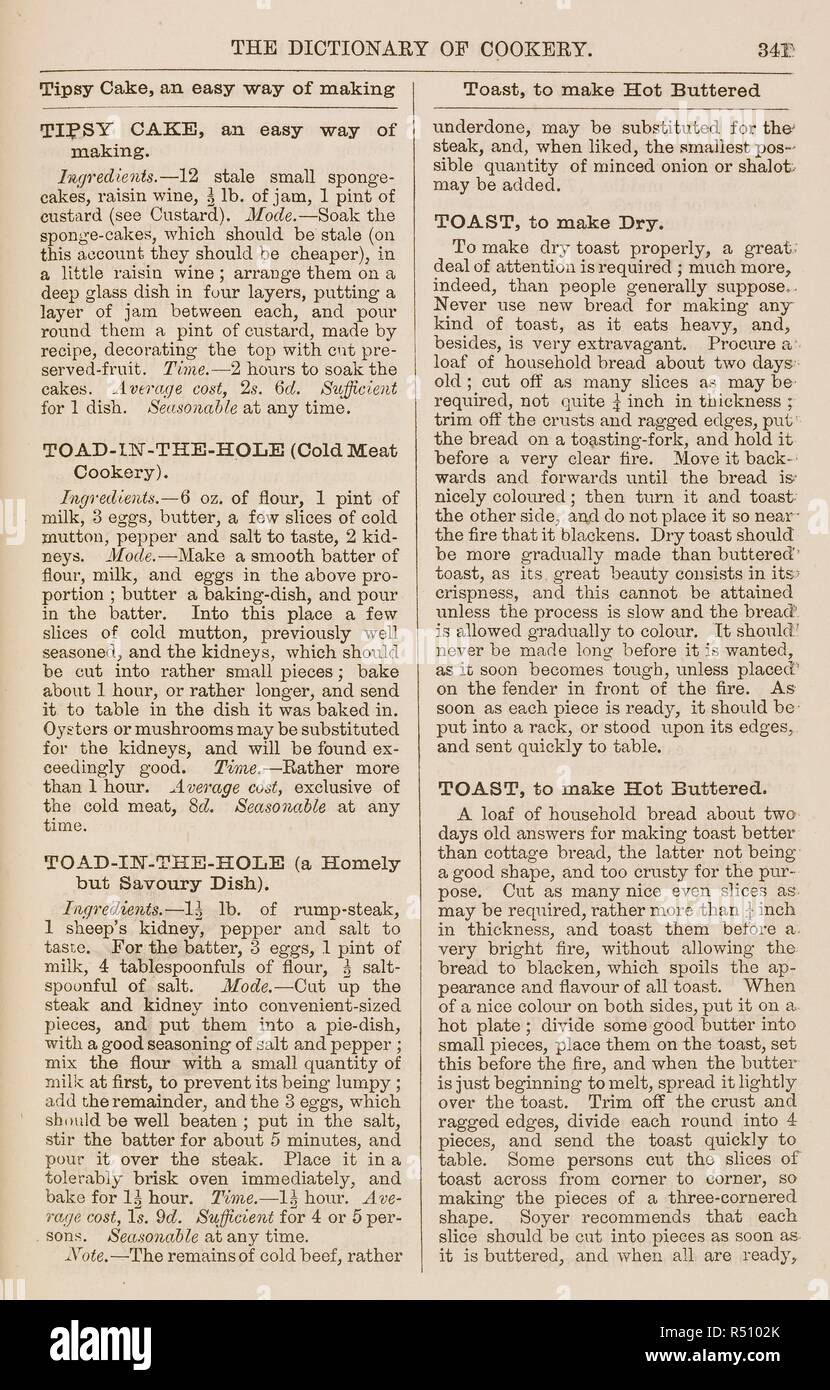 Tipsy cake; Toad-in-the-hole; Toast. Beeton's 'All about it' Books. London, 1865[-79]. Source: 12202.ee.1, page 341. Language: English. Stock Photo