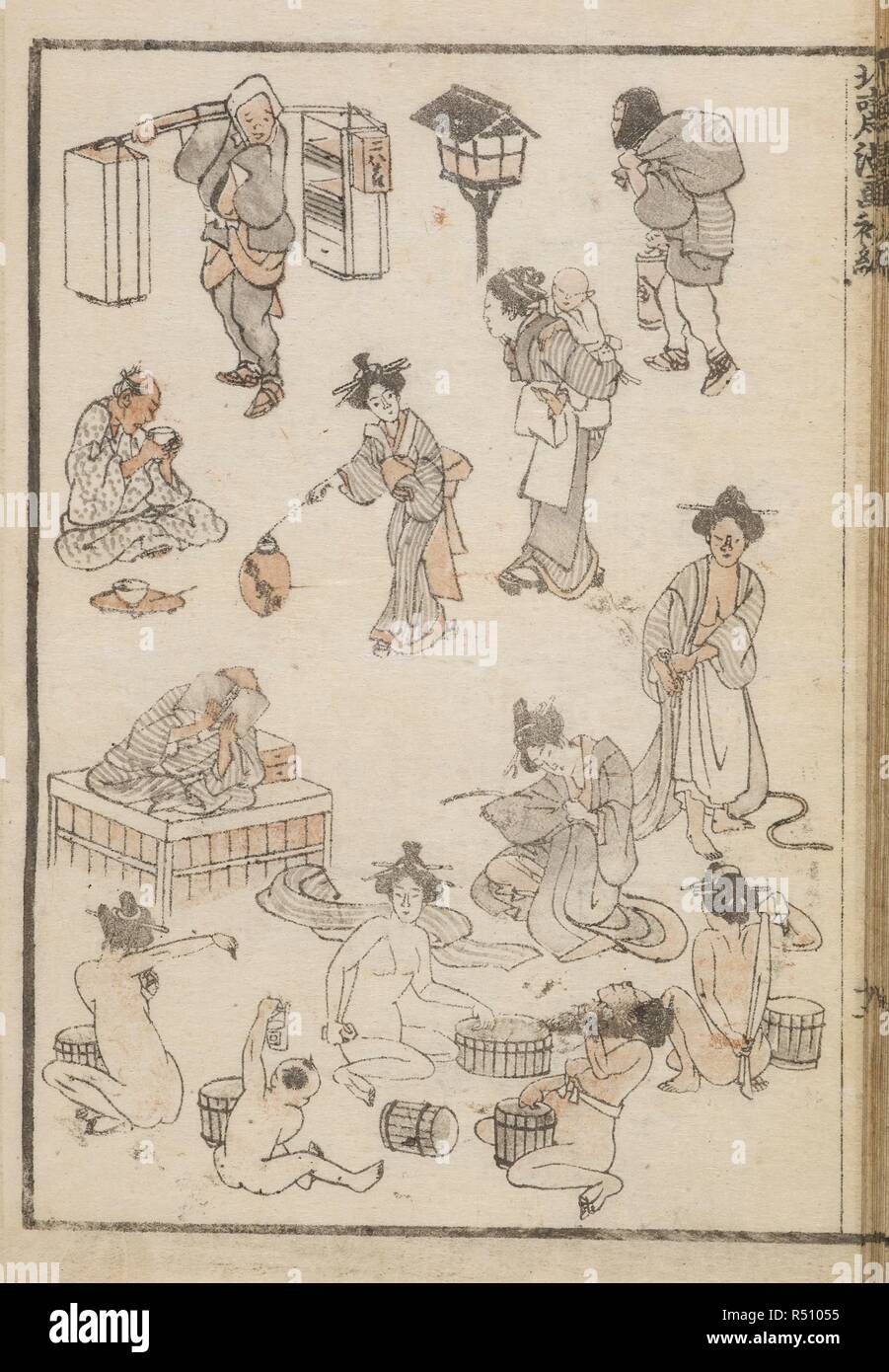 Japanese bathing. Hokusai Manga. Edo (Tokyo) , Japan,(1760-1849). Various ways of Japanese bathing. Image taken from : Hokusai Manga  Originally published/produced in Edo(Tokyo),Japan,1760-1849 . . Source: Or.65.a.43 volume 1,f 12. Language: Japanese. Stock Photo