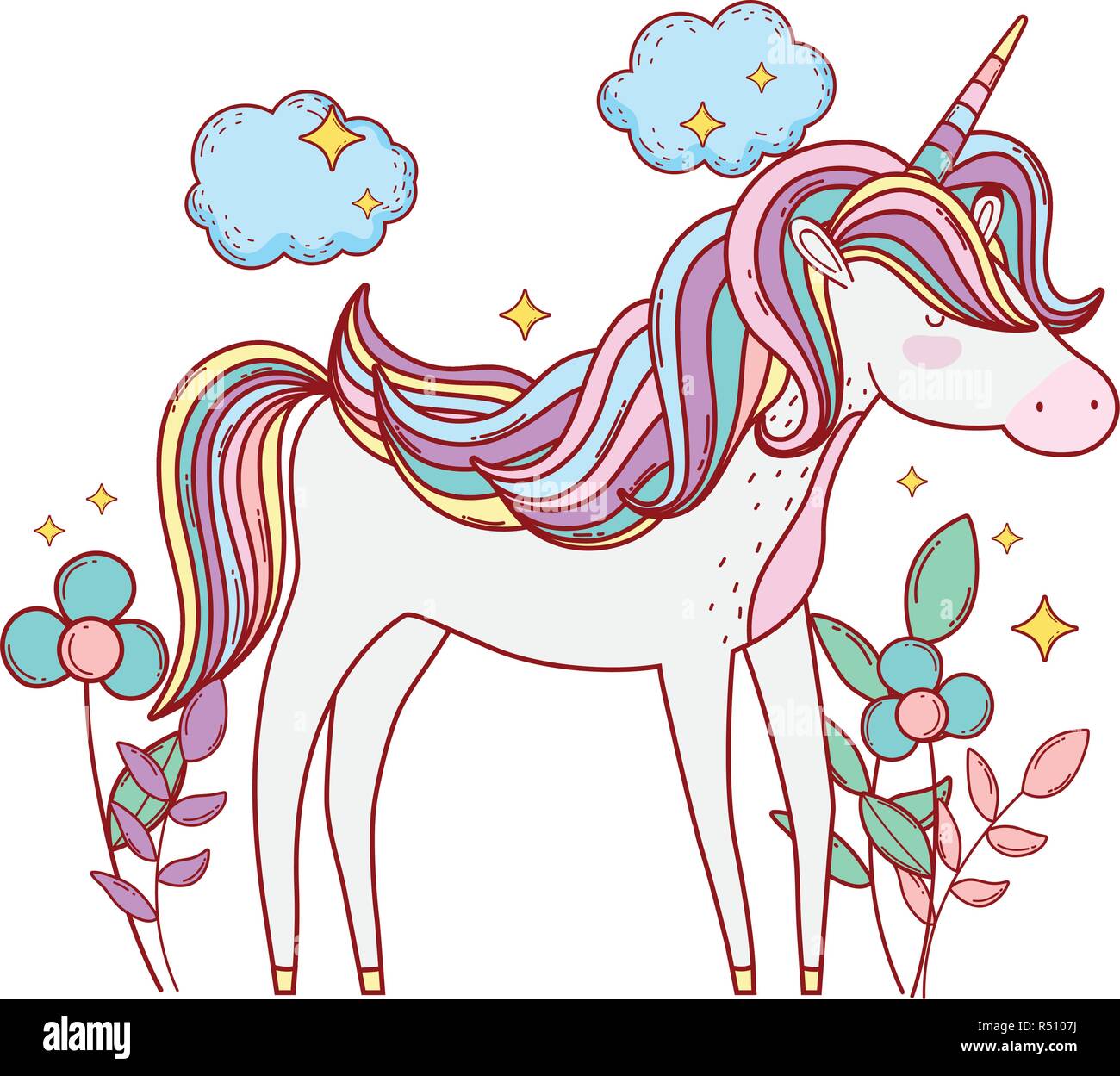Cute Fairytale Unicorn In The Garden Vector Illustration Design