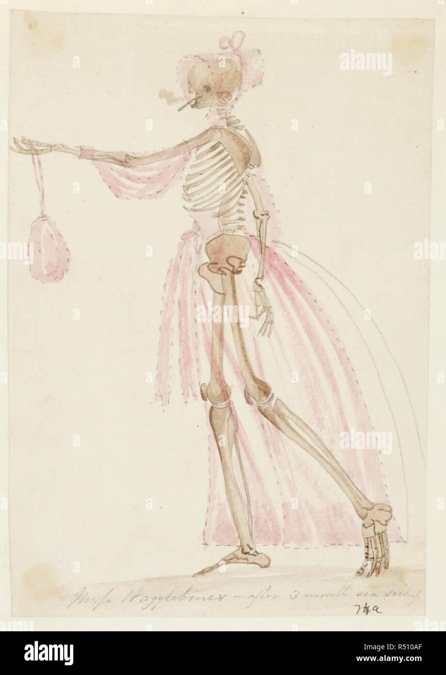 Skeleton in pink dress. â€˜Miss Wagglebones-after 3 monthâ€™s sea-sickness.â€™. Album of 414 drawings and scraps, and 9 prints of landscapes, architecture, natural history, and people, including Indian costumes and military uniforms. 1822 - 1856. Pencil, pen-and-ink, watercolour. Source: WD 1478 page 74a. Author: Bellasis, John Brownrigg. Stock Photo