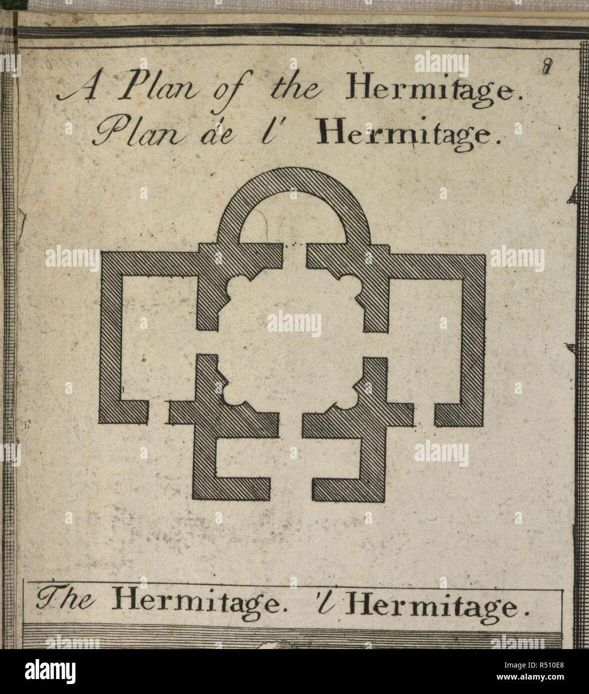 Plan of the hermitage at Richmond in the gardens of royal Richmond Palace in London. A Plan of the House, Gardens ... of their Majesties at Richmond; with Views: by J. Rocque. 1734. Source: Map.K.Top.41.16.f. Language: English and French. Stock Photo