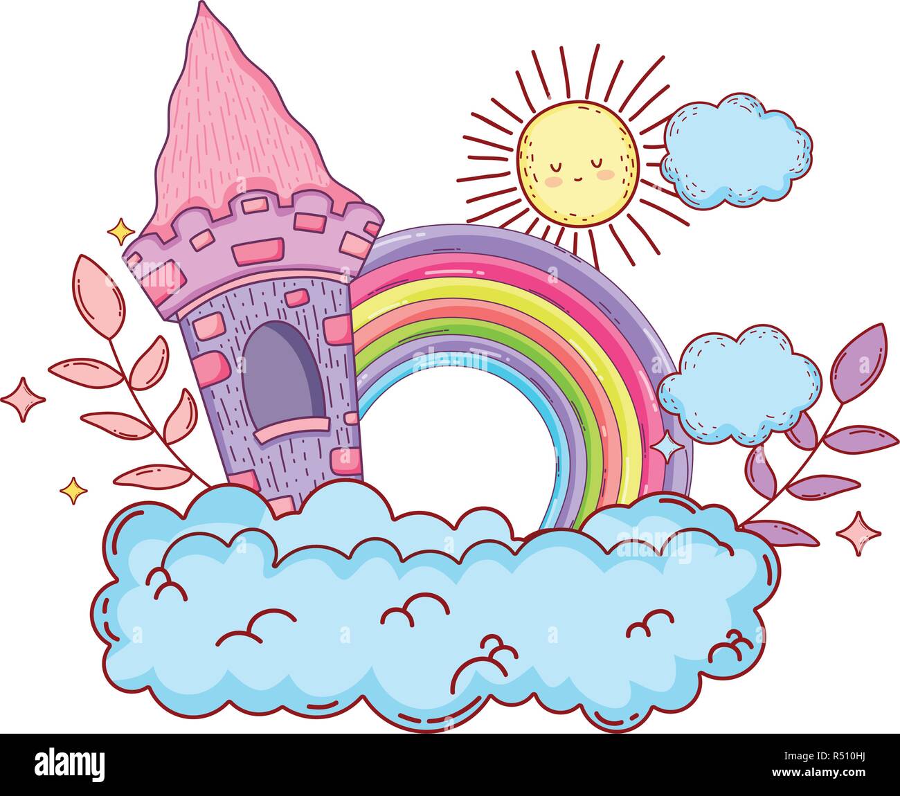 cute fairytale castle and rainbow in the cloud vector illustration ...