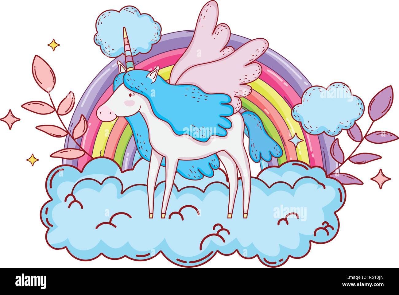 cute unicorn with clouds and rainbow vector illustration design Stock ...