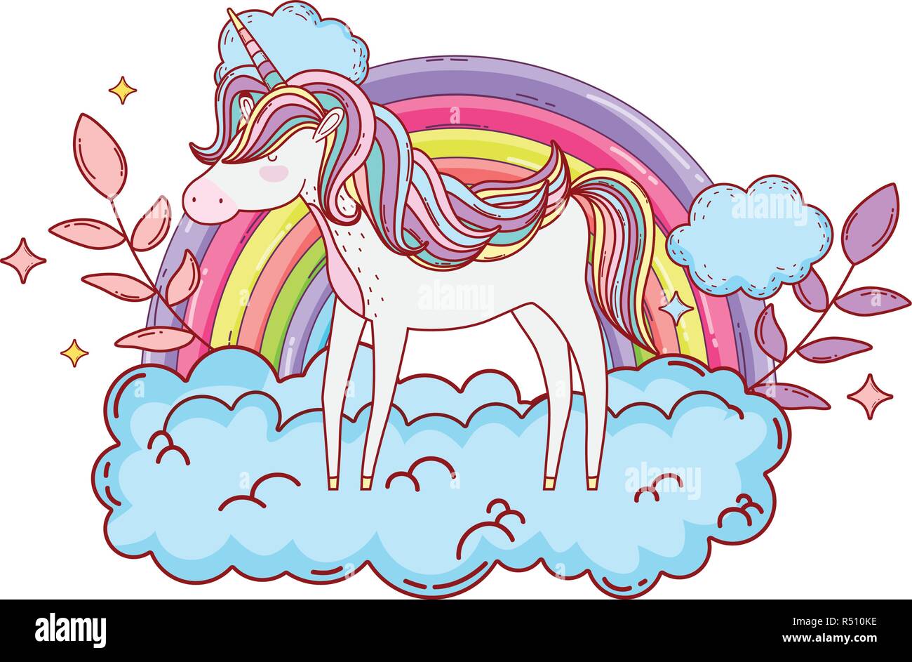 cute unicorn with clouds and rainbow vector illustration design Stock ...