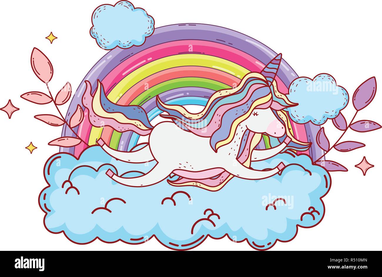 cute unicorn with clouds and rainbow vector illustration design Stock ...