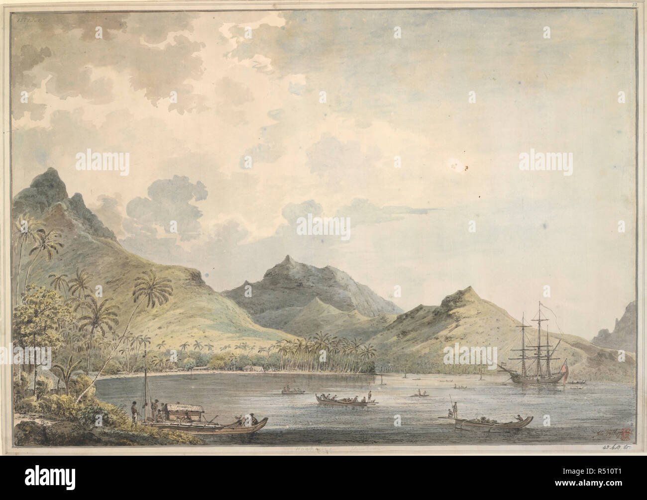 A View of Fare Harbour, Huahine, [Whole drawing]. A view of the harbour of Huahine [Fare Harbour]. with peaked mountains, including Mount Turi, in the background. In the bay is the 'Resolution' and many native craft, and on the shore a group of natives tend a double canoe with a deck-house. In the background and along the shore are native huts and English tents. The view gives the location of Omai's settlement. Captain Cook had agreed with the chiefs for a place for Omai to settle. Carpenters from both ships built a small house for him, and other members of the crew made a garden, including pl Stock Photo