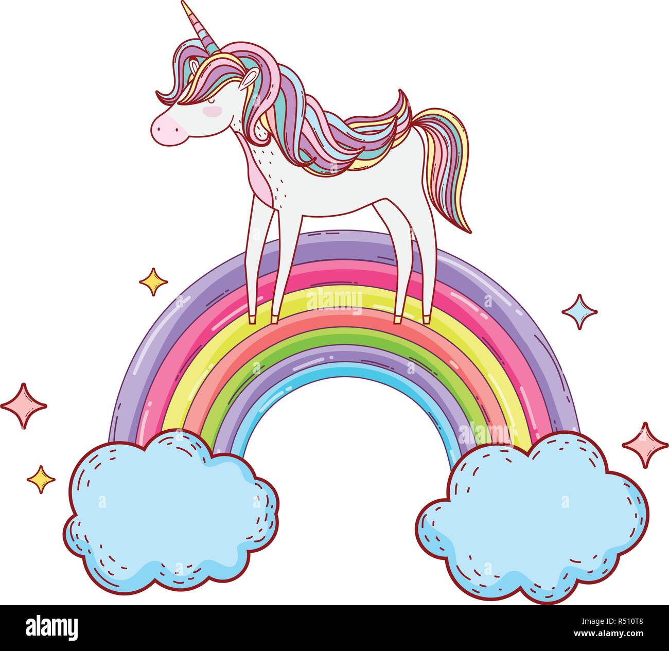 cute unicorn with clouds and rainbow vector illustration design Stock ...